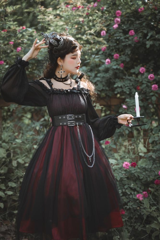Vampire Wine Red Gothic One Piece with Black Pu Corset Belt