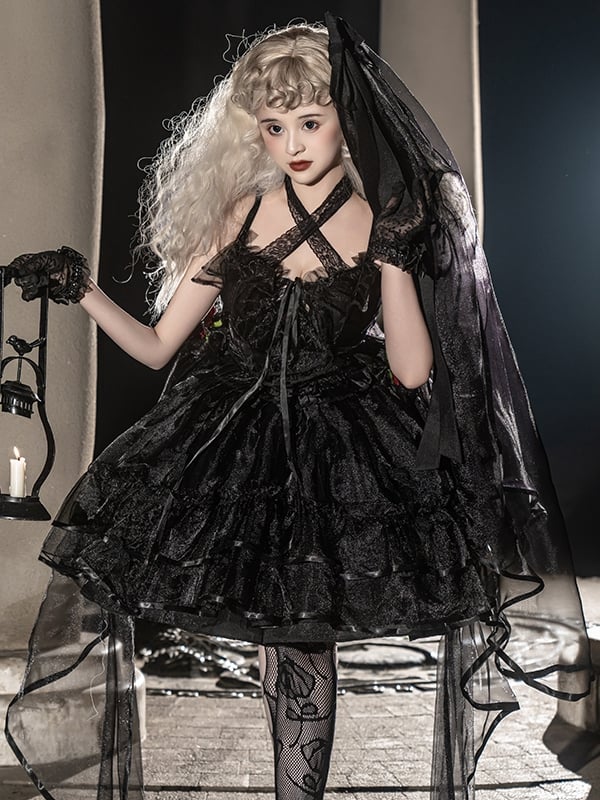 Plus Size Friendly Seven Deadly Sins Halter Neck Sweetheart Neckline Tiered Skirt and Flounce Hem Lolita JSK