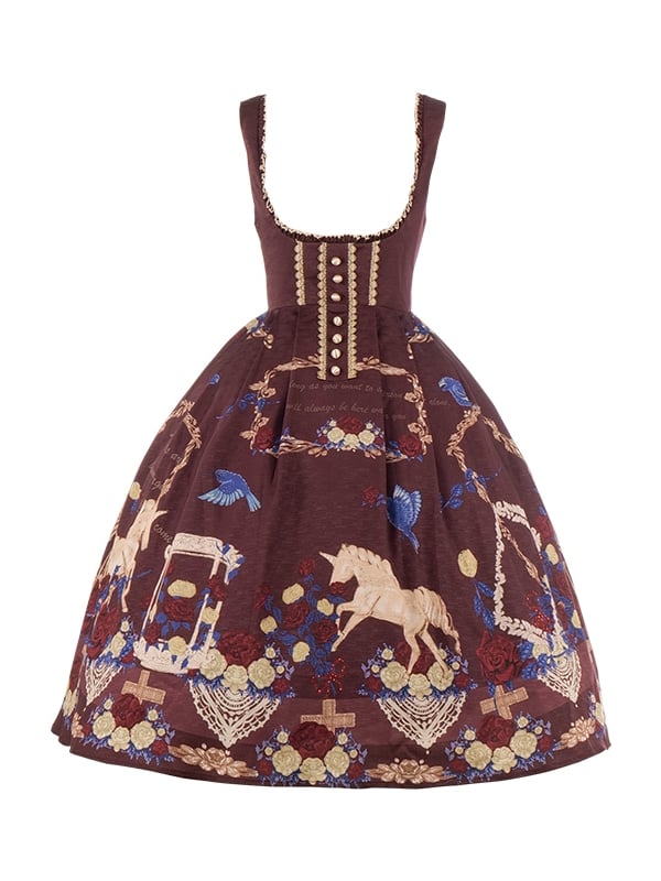 Red Underbust Neckline Unicorn Print High Waist Jumper Skirt