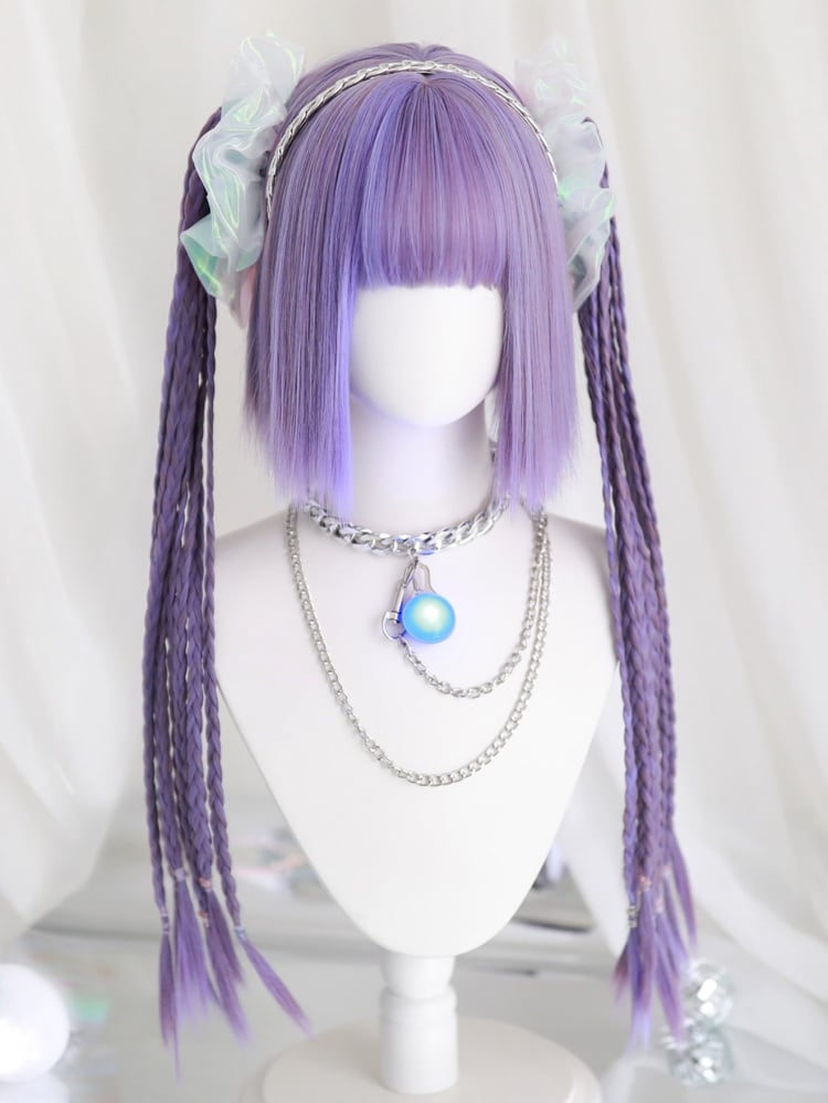 Purple Chin Bob Cut Wig with Braids Jaw Clips