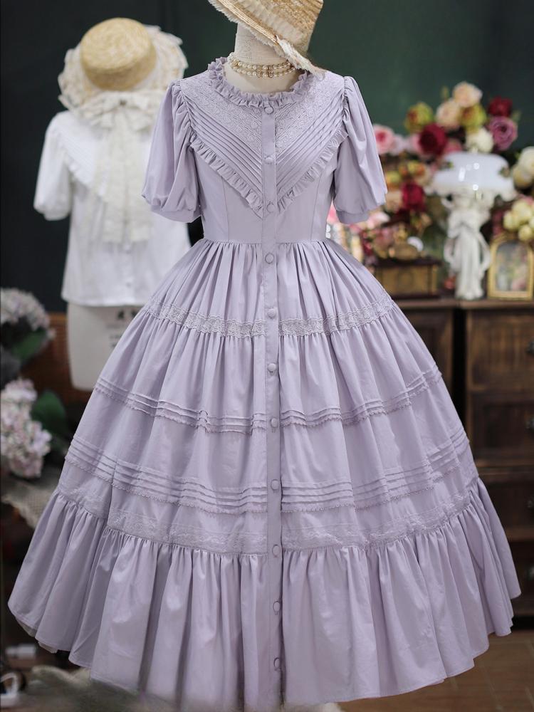 Purple Front Button Placket Cotton Dress Elegant One Piece