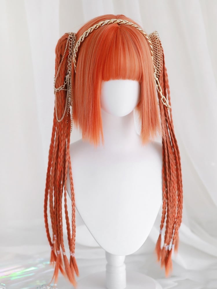 Orange Chin Bob Cut Wig with Braids Jaw Clips