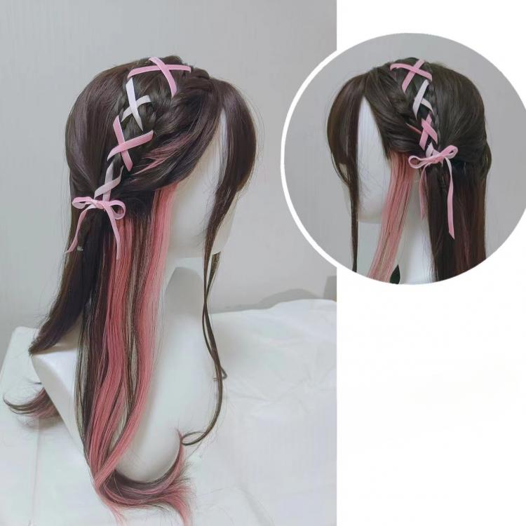 Ribbons Braided Long Wavy Wig Blonde and Black/Black and Pink