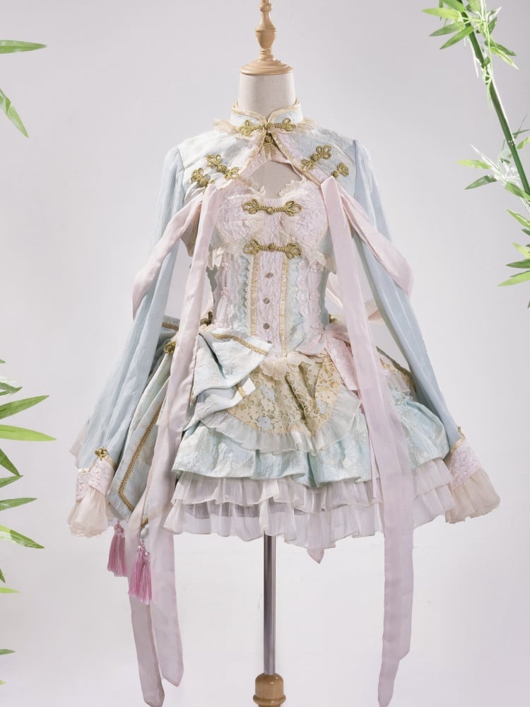 Light Green and Pink Drawstring Tiered Ruffles Jumper Skirt Set - Sukuroi