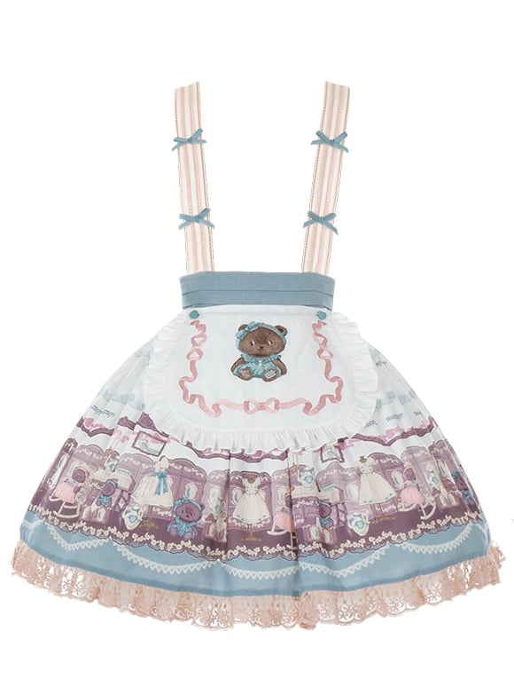 White Sweet Teddy Print Skirt with Detachable Shoulder Straps