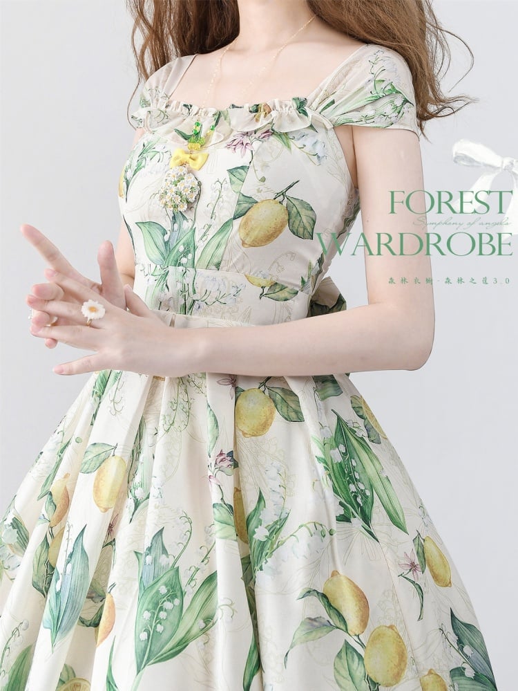 Yellow and Green Lemon Print Jumper Skirt Spring Summer Dress