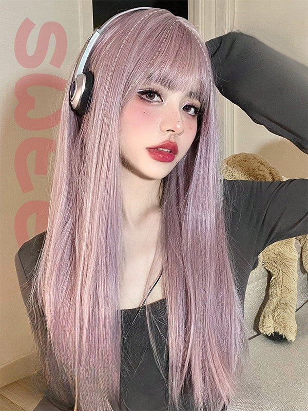 Straight Gold / Pink-Purple Synthetic Wig