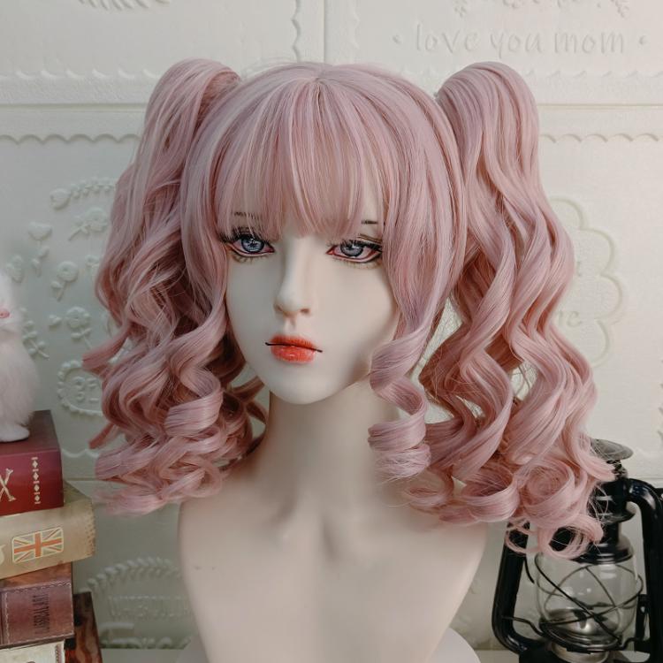 Pink/Black/Brown/Light Gold Wavy Chin Length Synthetic Wig with Double Ponytails