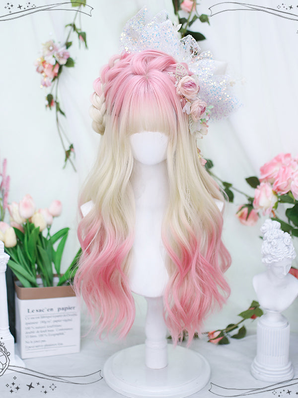 Peach Pink Dip Dyed Long Wavy Synthetic Wig