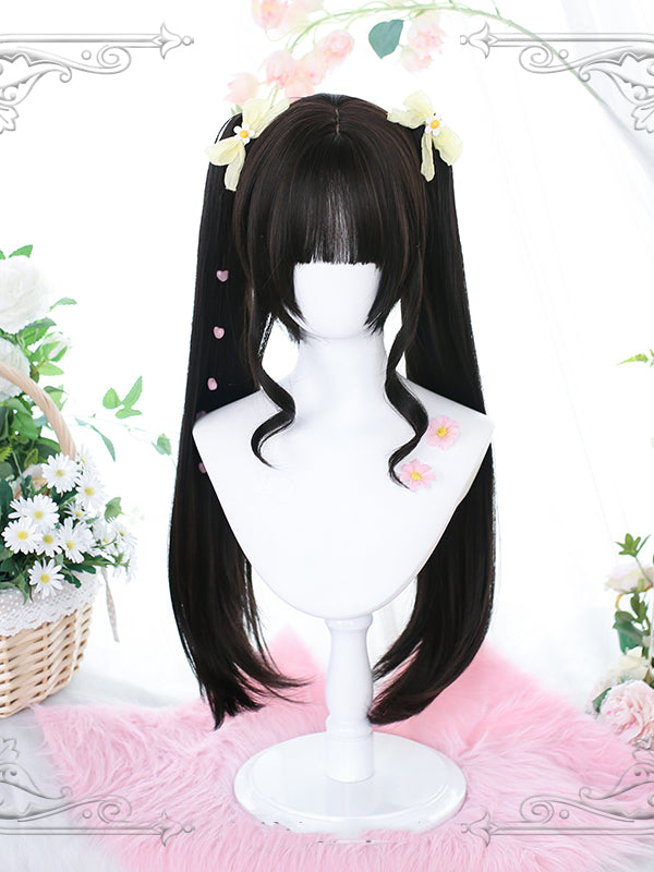 Permanent Machinery Black / Dark Brown Hime Cut Lolita Short Wig with Double Ponytails