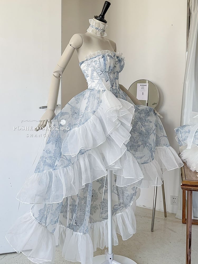 White and Blue Strapless Lace-up Flounce Hem Dress High-low Skirt