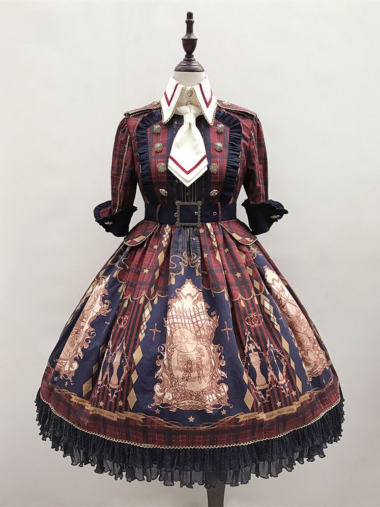 Red Nutcracker Fantasy Night Print Ruffle Trim Middle Sleeves One Piece