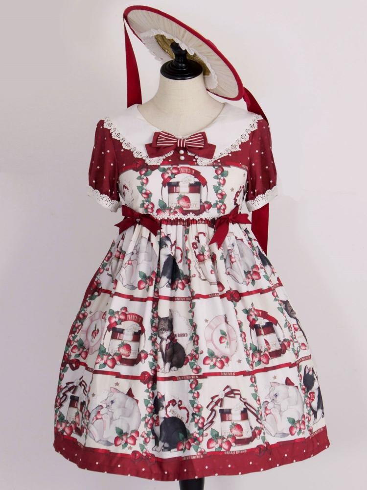 March Courtyard Red Cat Print One Piece Polka-dot Pattern