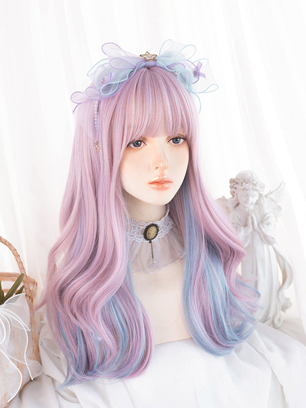Pink Highlights Blue Medium Length Wavy Synthetic Wig