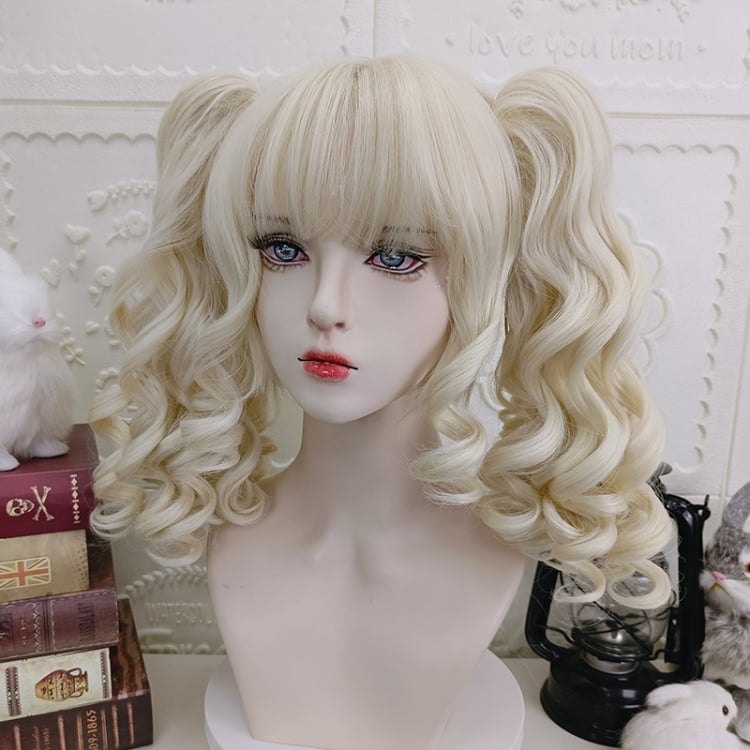 Pink/Black/Brown/Light Gold Wavy Chin Length Synthetic Wig with Double Ponytails