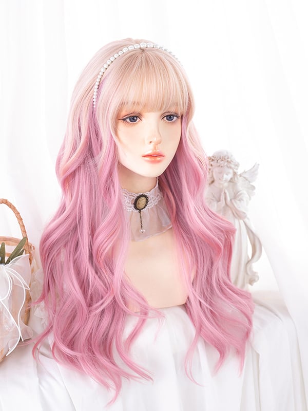 Ombre Hair Color Pink Long Wavy Synthetic Wig