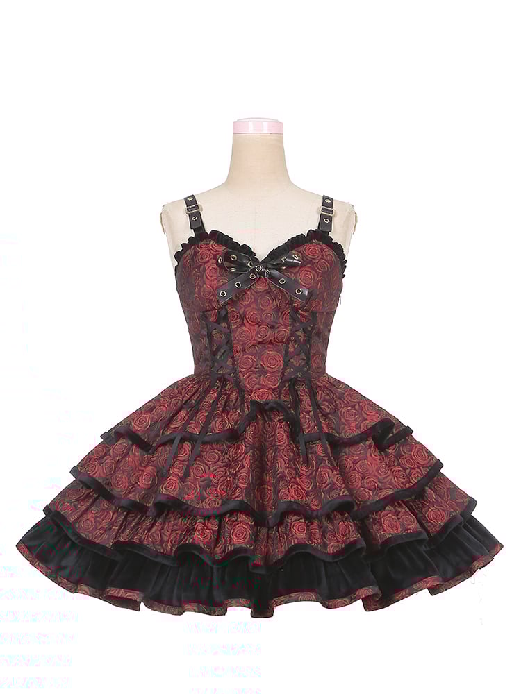 Rose Pattern Wine Red Sweetheart Neckline Gothic Jumper Skirt Lace-up Detail