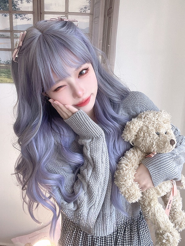 Waist Length Wavy Dusty Blue / Dusty Purple Lolita Synthetic Wig