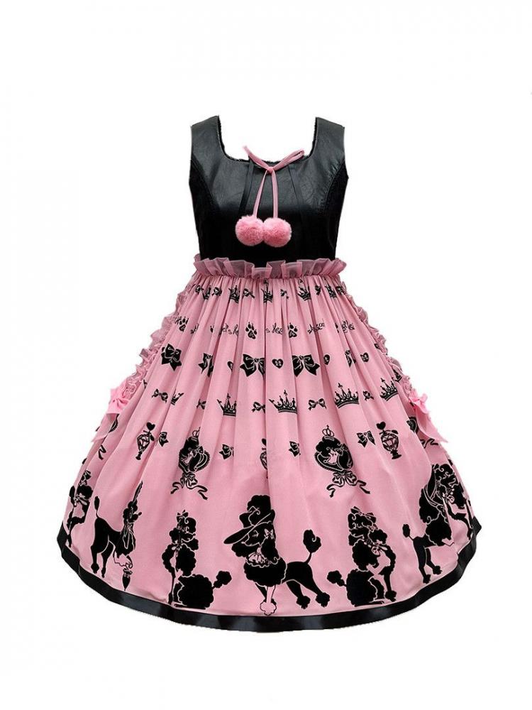 Pink Cute Poodle Print Design Ruffle Trim Jumper Skirt