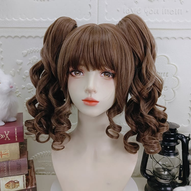 Pink/Black/Brown/Light Gold Wavy Chin Length Synthetic Wig with Double Ponytails