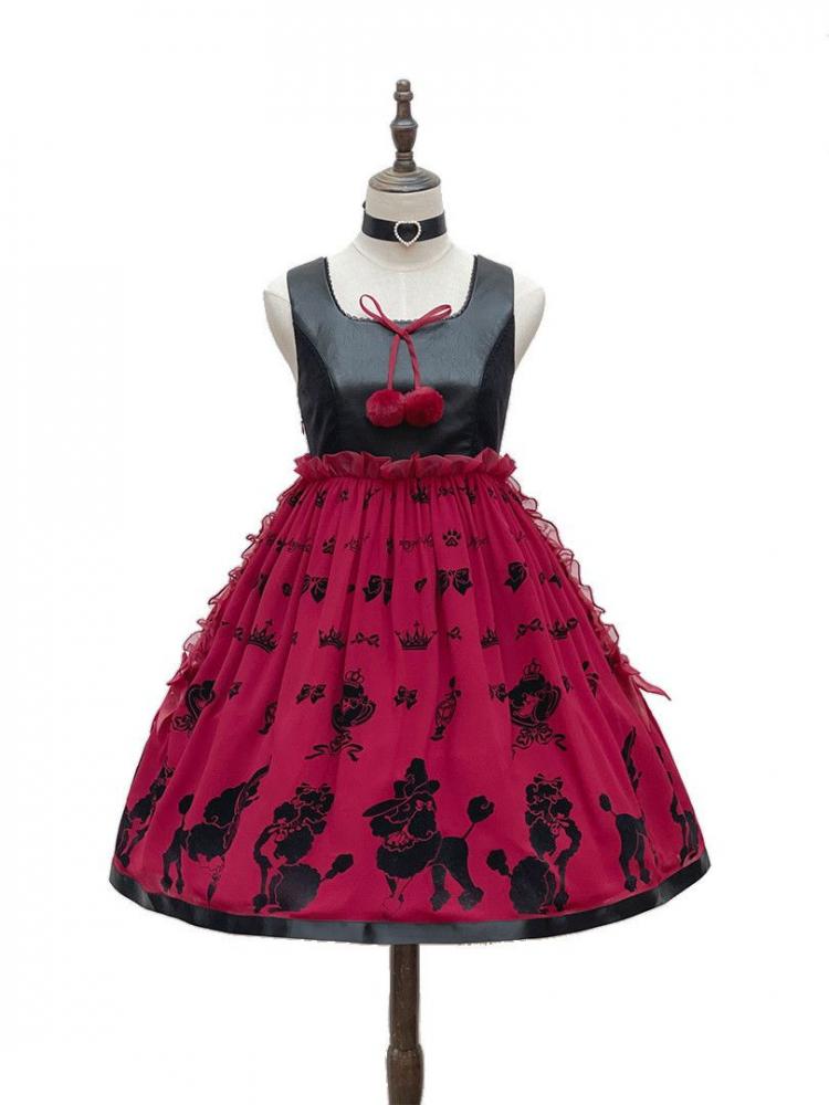 Red Cute Poodle Print Design Ruffle Trim Jumper Skirt