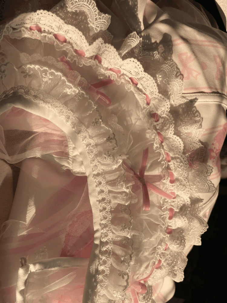 Pink Bears and Bowknots Print Lace Trim Gothic One Piece with Sleeves