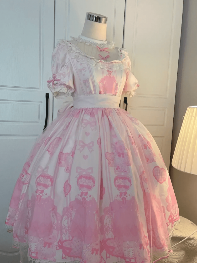 Pink Bears and Bowknots Print Lace Trim Gothic One Piece with Sleeves