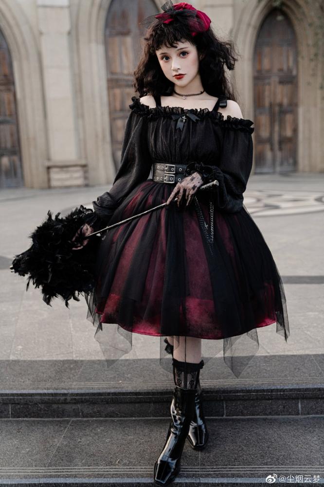 Vampire Wine Red Gothic One Piece with Black Pu Corset Belt