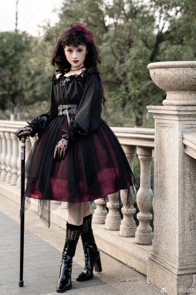 Vampire Wine Red Gothic One Piece with Black Pu Corset Belt
