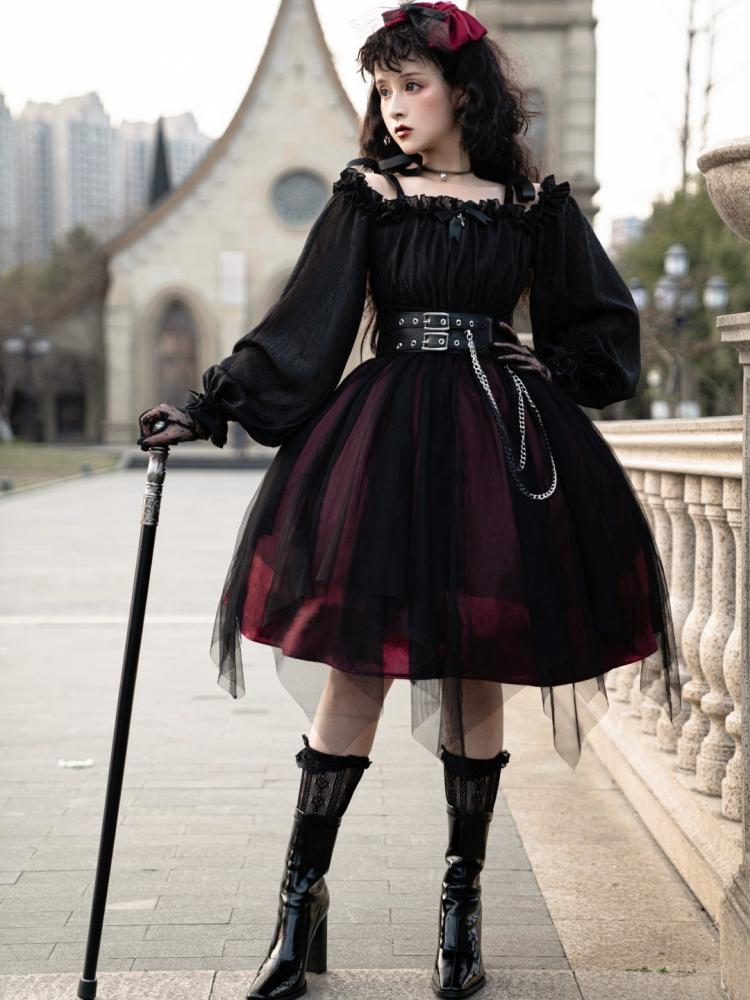 Vampire Wine Red Gothic One Piece with Black Pu Corset Belt