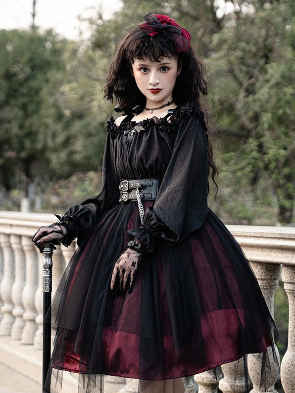 Vampire Wine Red Gothic One Piece with Black Pu Corset Belt