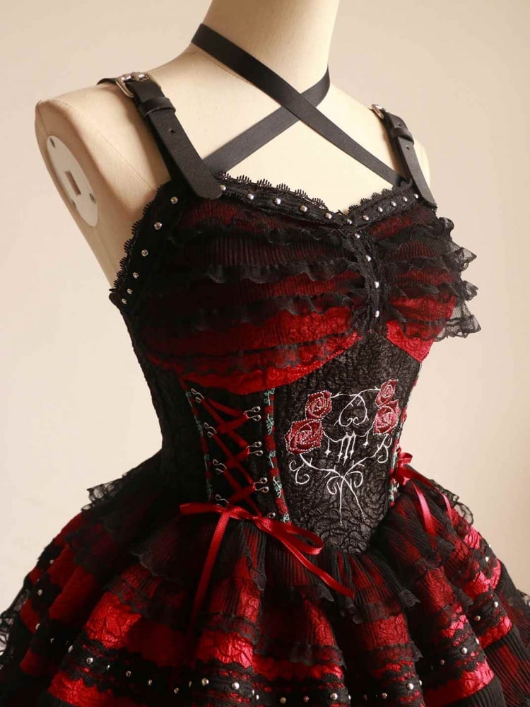 Rose Thorn Color Red Sweetheart Neckline Floral Embroidery Jumper Skirt Short Version