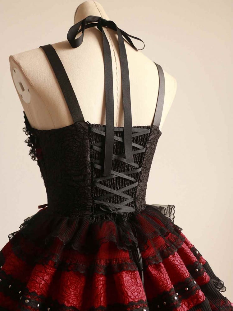 Rose Thorn Color Red Sweetheart Neckline Floral Embroidery Jumper Skirt Short Version