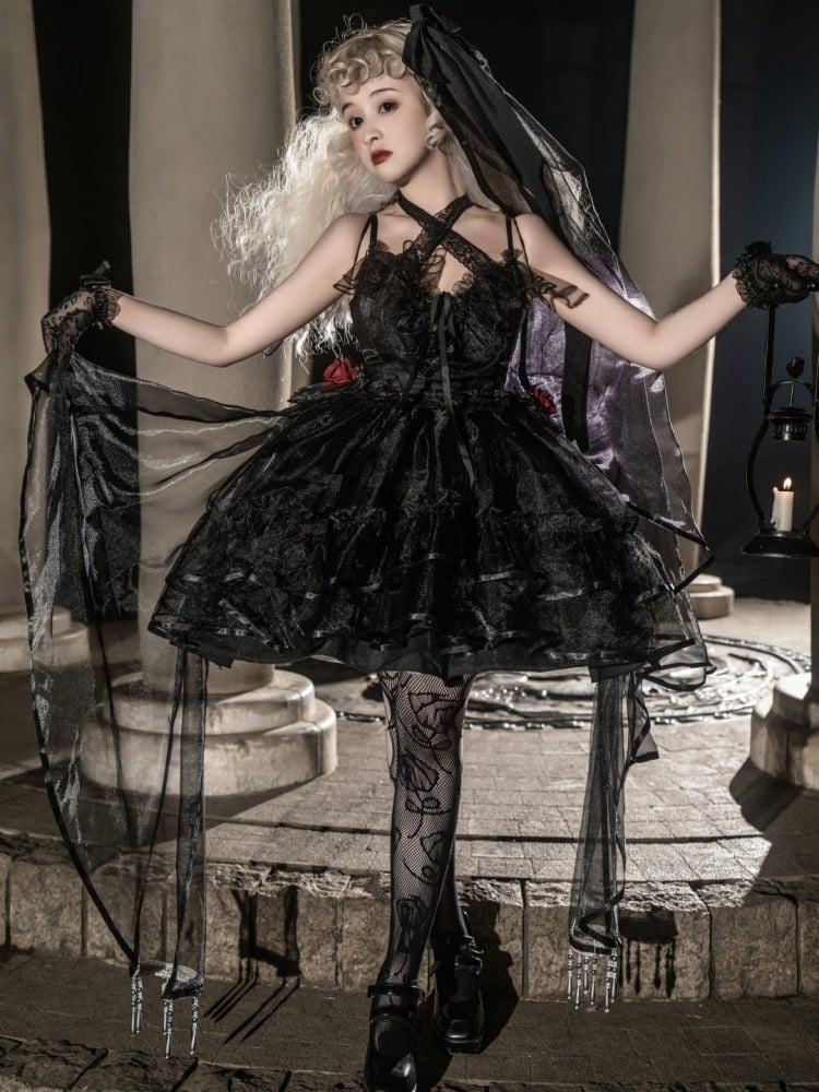 Plus Size Friendly Seven Deadly Sins Halter Neck Sweetheart Neckline Tiered Skirt and Flounce Hem Lolita JSK