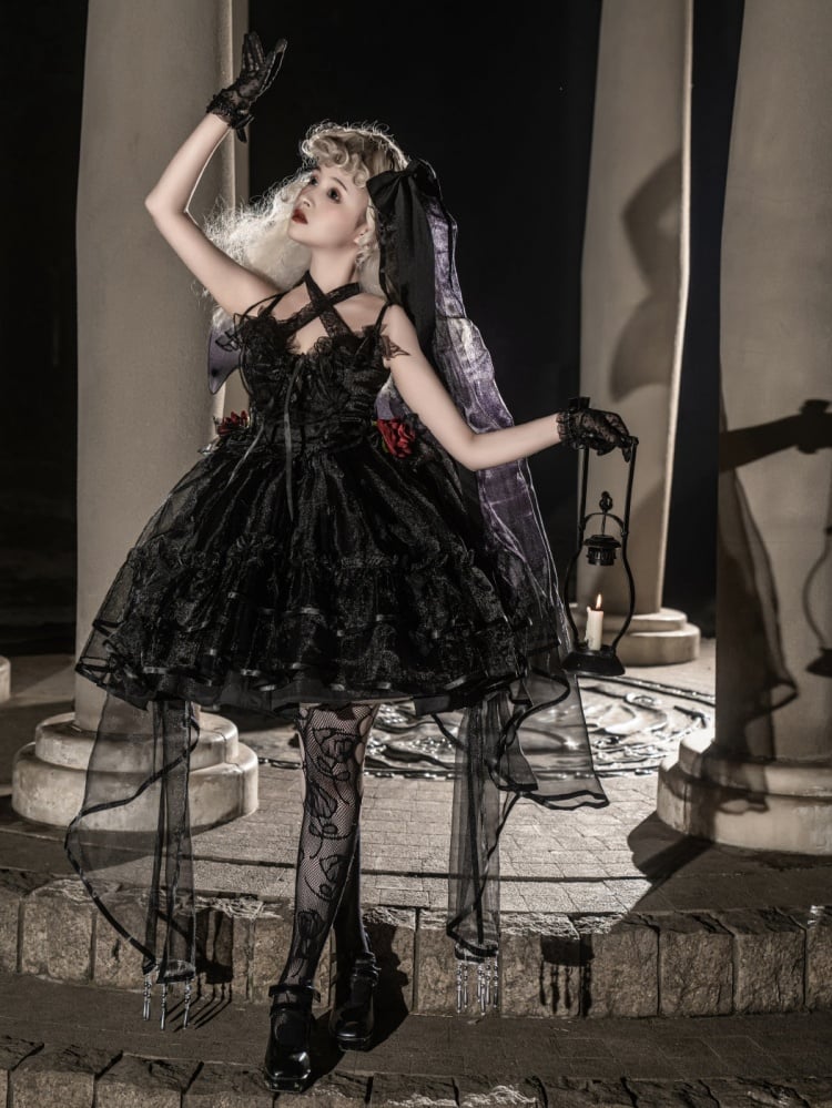 Plus Size Friendly Seven Deadly Sins Halter Neck Sweetheart Neckline Tiered Skirt and Flounce Hem Lolita JSK