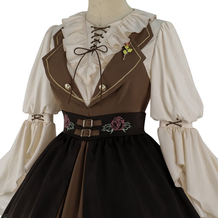 Rose Time Brown and Black Rosette Pattern Notched Collar Jumper Skirt