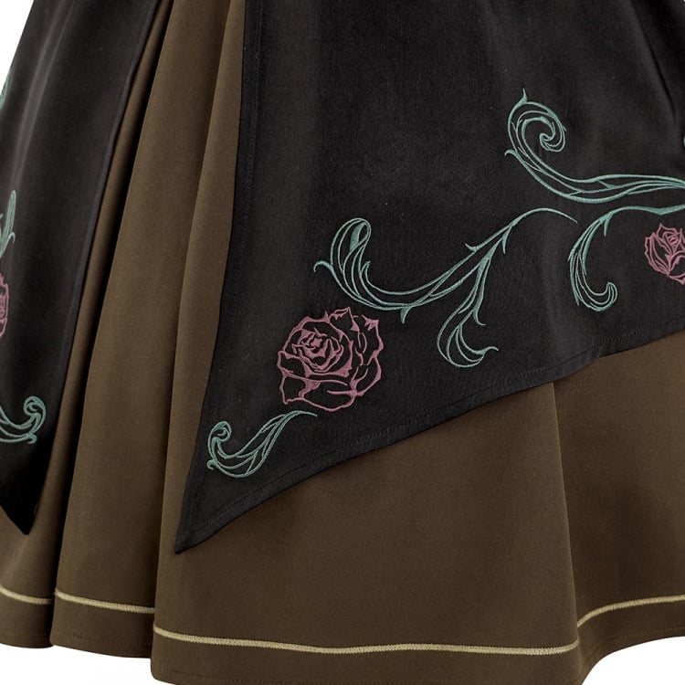 Rose Time Brown and Black Rosette Pattern Notched Collar Jumper Skirt