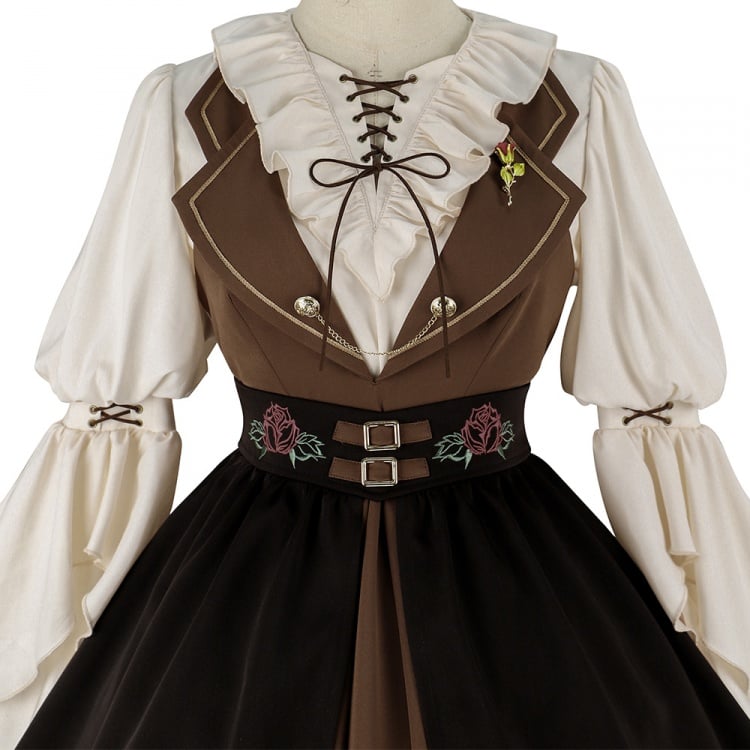 Rose Time Brown and Black Rosette Pattern Notched Collar Jumper Skirt
