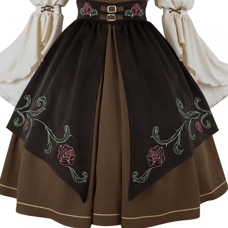 Rose Time Brown and Black Rosette Pattern Notched Collar Jumper Skirt
