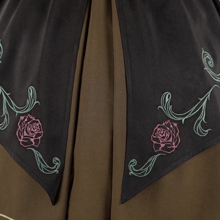 Rose Time Brown and Black Rosette Pattern Notched Collar Jumper Skirt