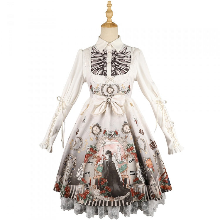 Black/White Fairy Long Leg-of-mutton Sleeves Shirt / U-neckline Jumper Skirt Set
