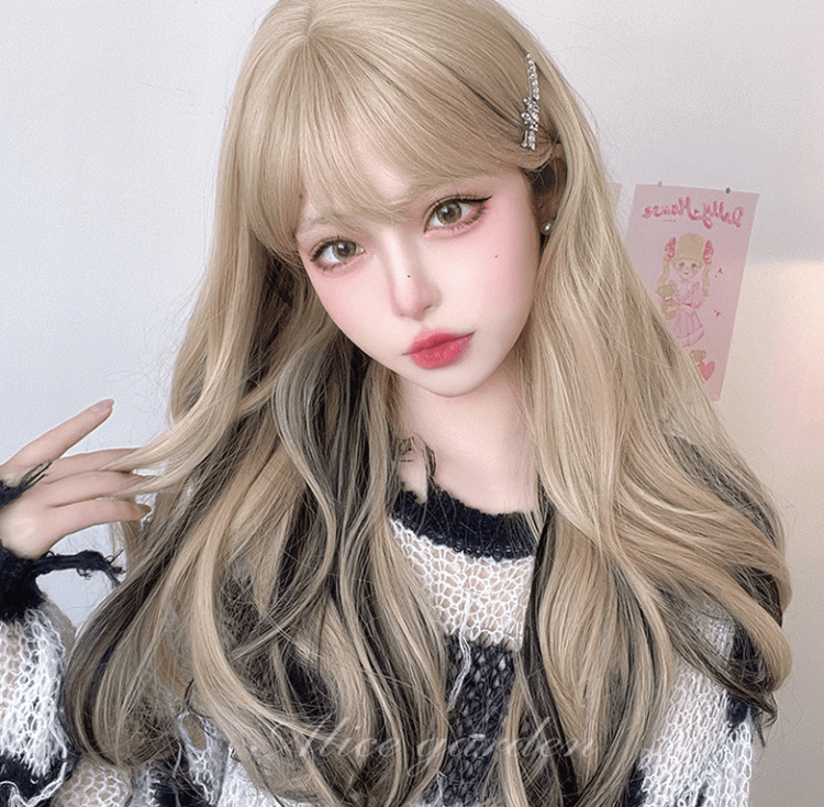 Waist Length Wavy Blonde Black Highlight Hair Color Synthetic Wig