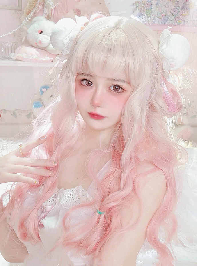 White Peach Beige to Pink Ombre Long Wavy Lolita Synthetic Wig