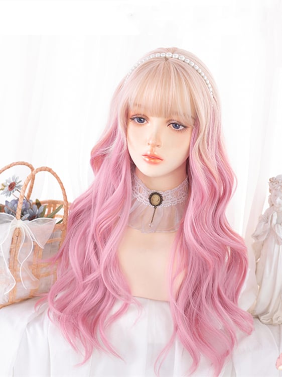 Ombre Hair Color Pink Long Wavy Synthetic Wig