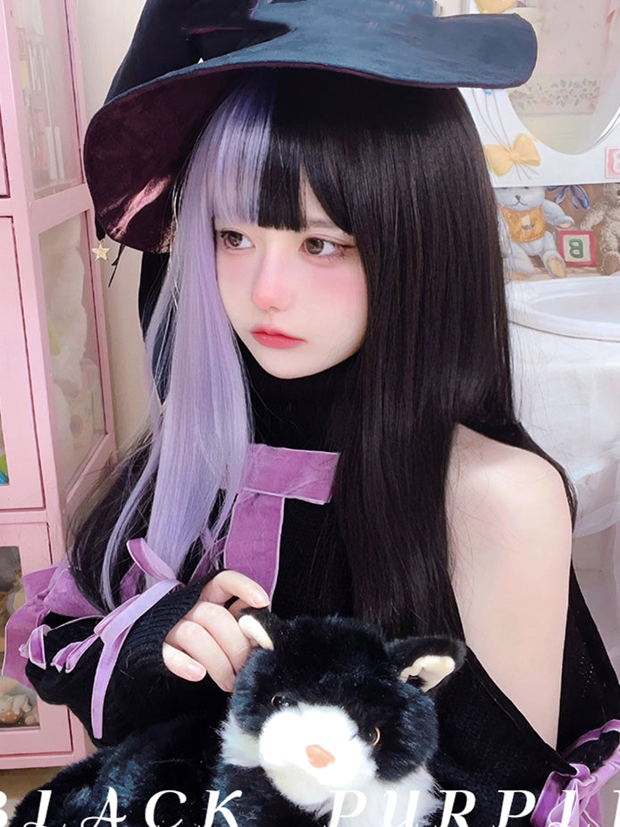 Highlight Hair Color Black and Purple Straight Synthetic Wig