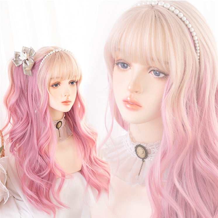Ombre Hair Color Pink Long Wavy Synthetic Wig