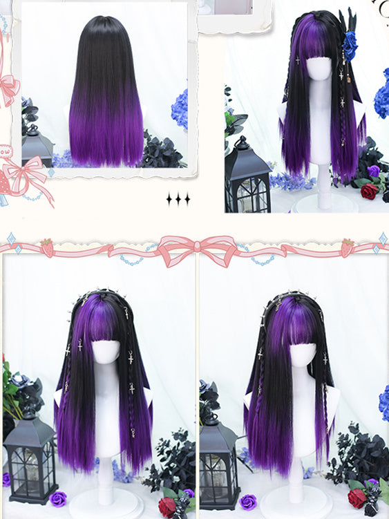 Purple and Black Mixed Color Medium Straight Synthetic Wig