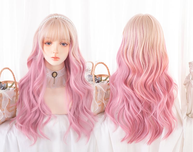 Ombre Hair Color Pink Long Wavy Synthetic Wig