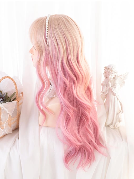 Ombre Hair Color Pink Long Wavy Synthetic Wig