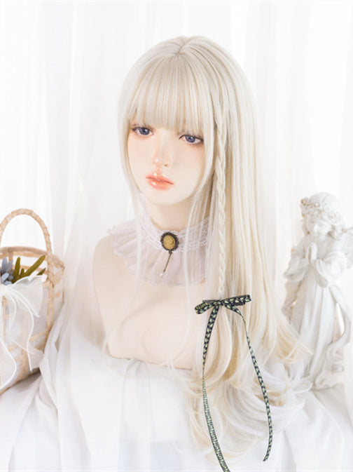 Beige Highlights White Long Wavy Synthetic Wig